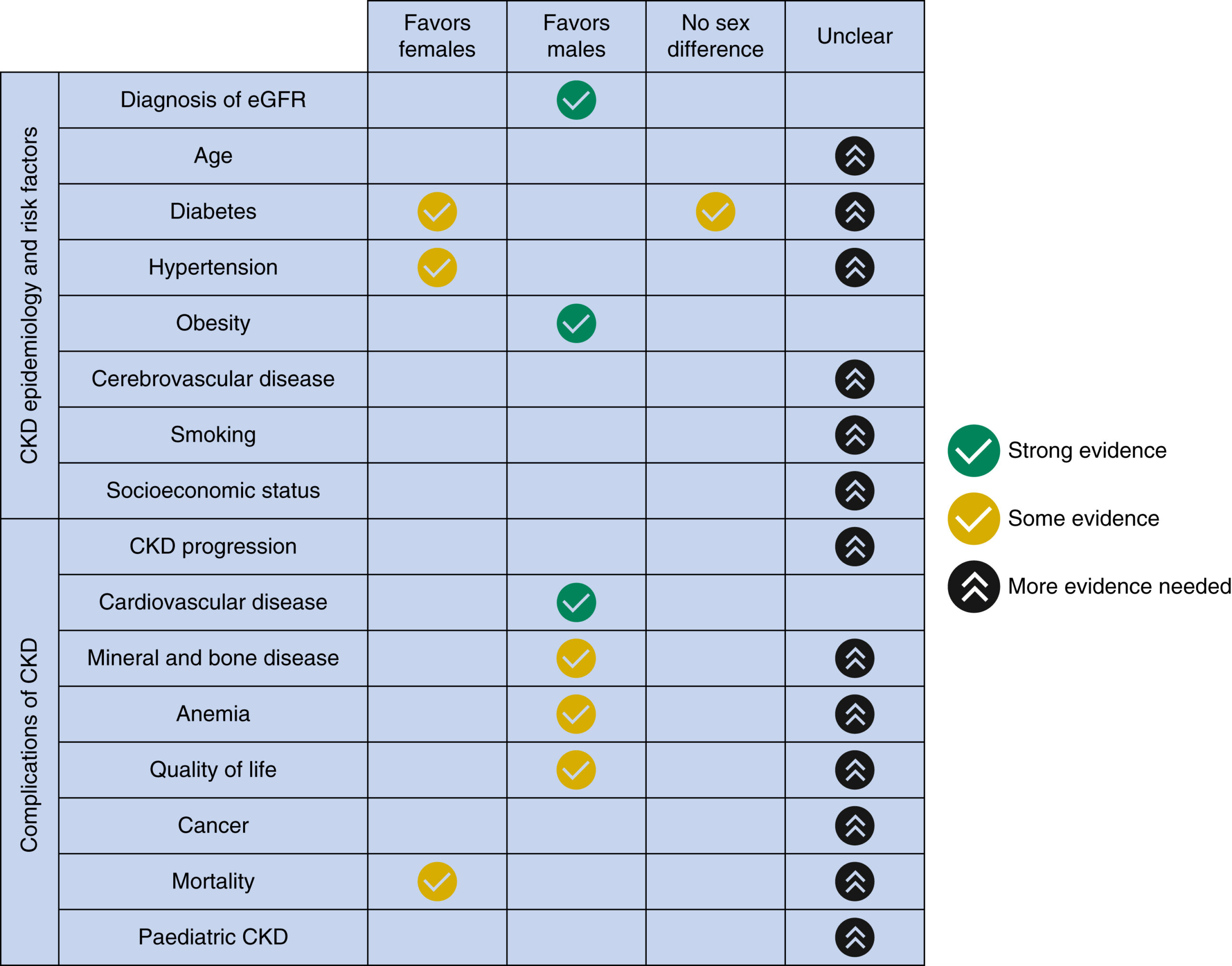 A matrix shows sex-based differences in chronic kidney disease epidemiology and complications by strength of evidence, categorized as favors females, favors males, no sex difference, or unclear. The matrix chart is divided into two main categories on the vertical axis: C K D epidemiology and risk factors, and complications of C K D. Each row under these categories represents a different factor or complication, while the columns represent sex-based outcomes: favors females, favors males, no sex difference, and unclear. Three symbols indicate the strength of evidence: a bright checkmark for strong evidence, a dull checkmark for some evidence, and a dark double arrow for more evidence needed. Under C K D epidemiology and risk factors, diagnosis of e G F R favors males with strong evidence; age shows no favor for male or female and is marked as unclear with more evidence needed; diabetes and hypertension favor females and are also marked as unclear; diabetes has with some evidence under no sex difference; obesity favors males with strong evidence; cerebrovascular disease, smoking, socioeconomic status, and C K D progression are all marked unclear with more evidence needed. Under complications of C K D, cardiovascular disease favors males with strong evidence; mineral and bone disease, anaemia, and quality of life all favor males with some evidence and are marked as unclear with more evidence needed; cancer and paediatric C K D are only marked as unclear; mortality favors females with some evidence and is also marked as unclear with more evidence needed.